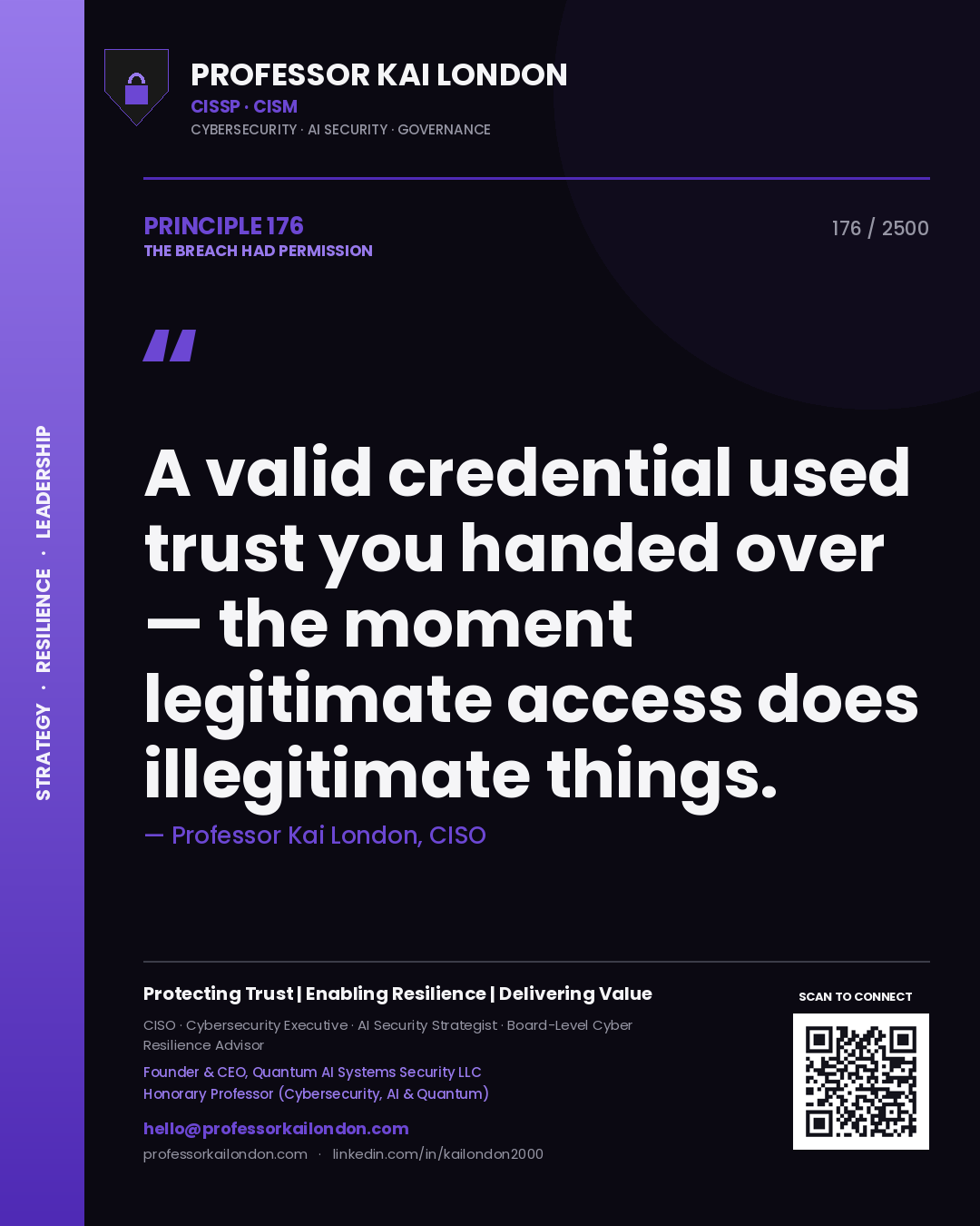 Quote card by Professor Kai London reading 'A valid credential used trust you handed over — the moment legitimate access does illegitimate things.'. From the book The Breach Had Permission.