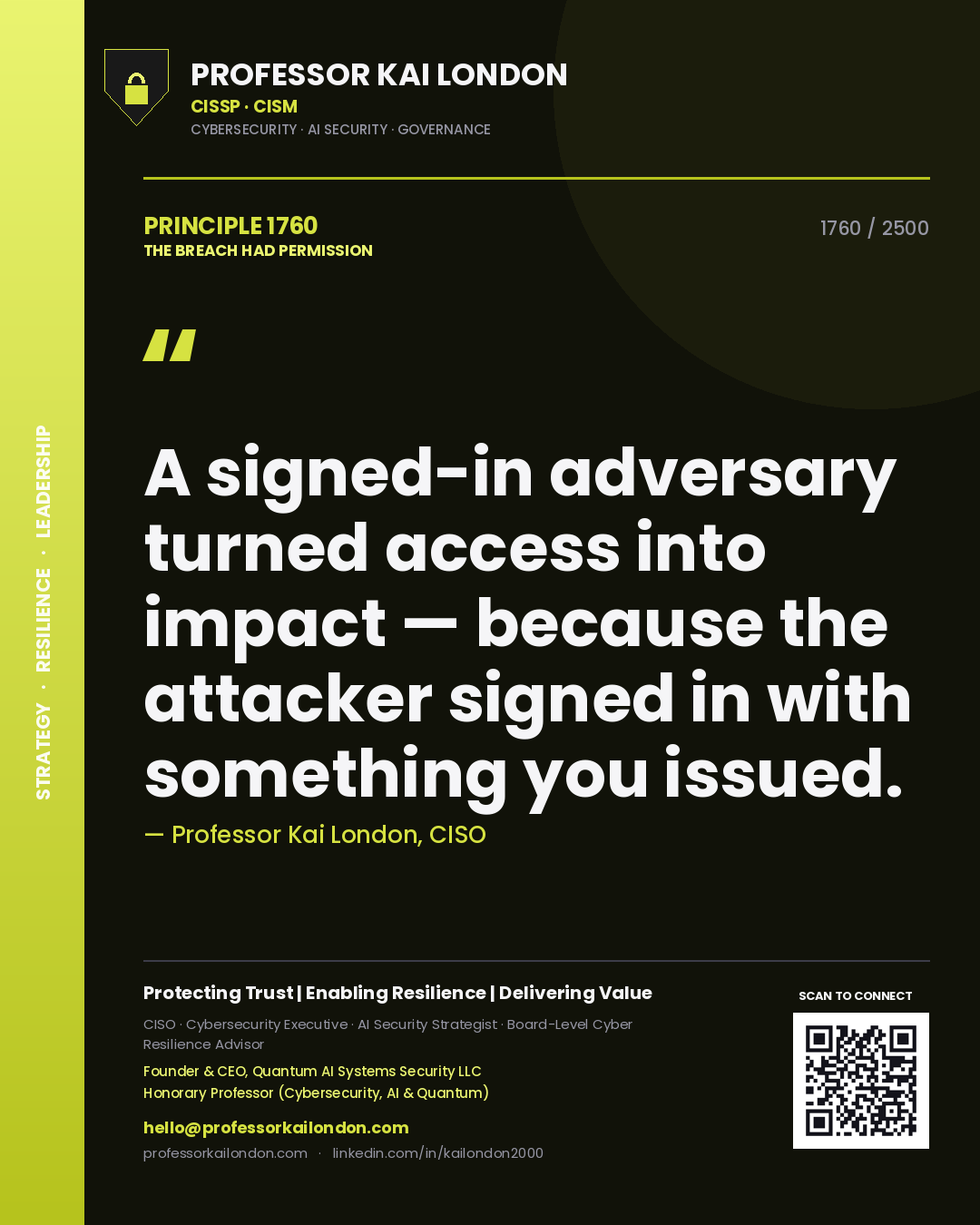 Quote card by Professor Kai London reading 'A signed-in adversary turned access into impact — because the attacker signed in with something you issued.'. From the book The Breach Had Permission.