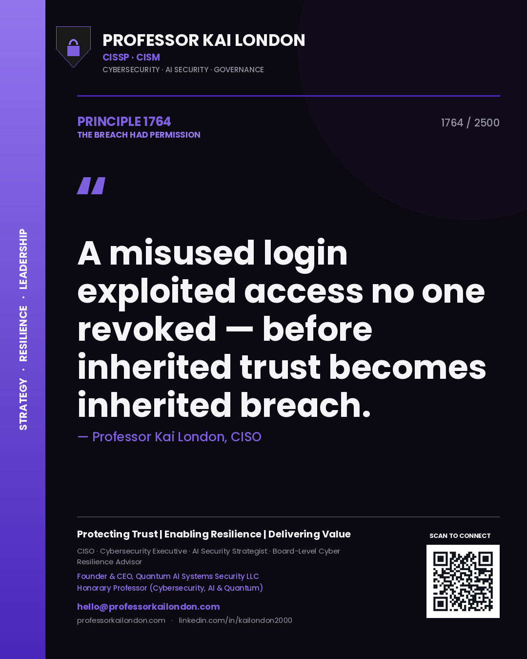 Quote card by Professor Kai London reading 'A misused login exploited access no one revoked — before inherited trust becomes inherited breach.'. From the book The Breach Had Permission.