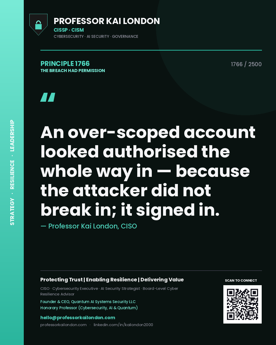 Professor Kai London principle 1766: An over-scoped account looked authorised the whole way in — because the attacker did not break in; it signed in.