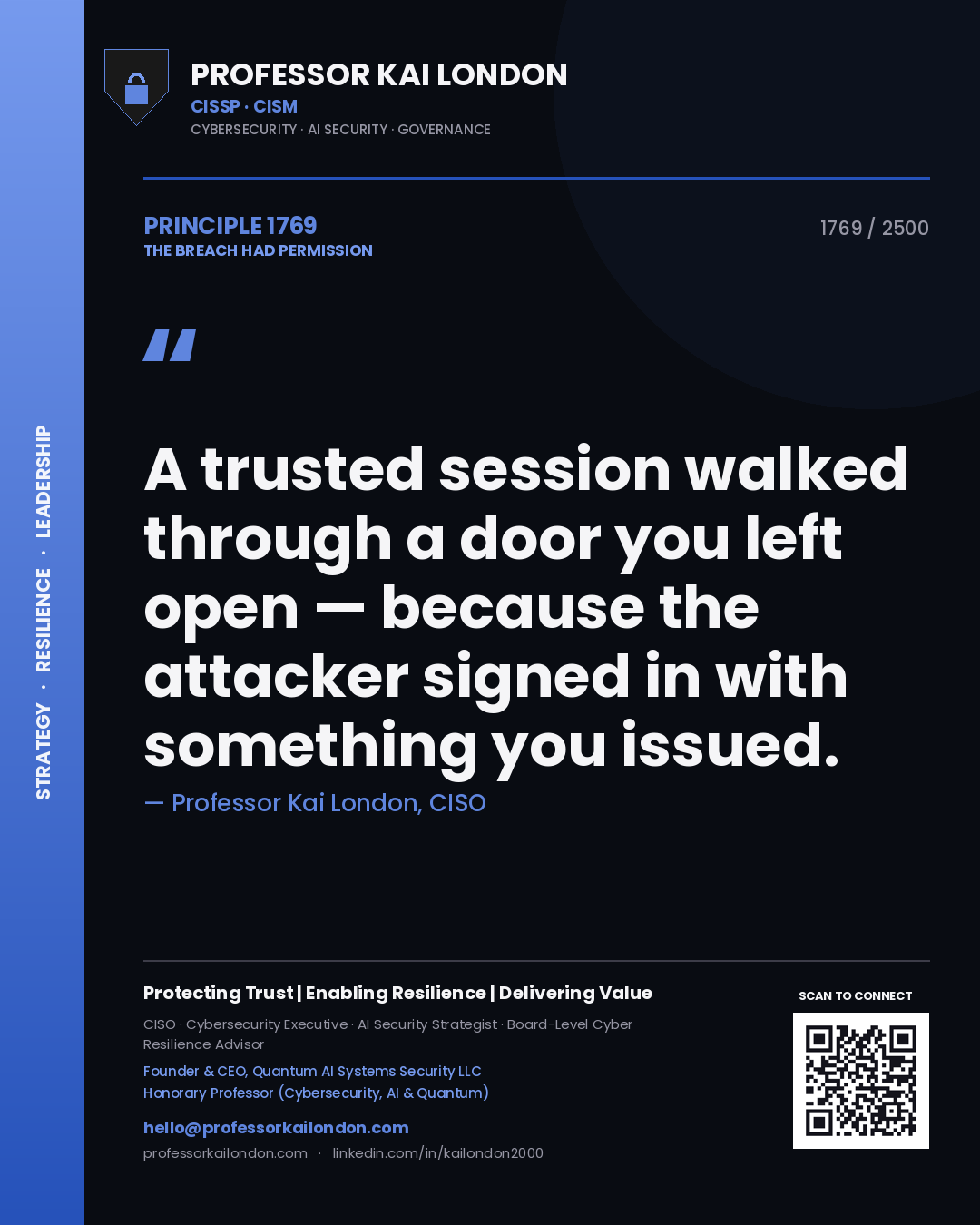 Quote card by Professor Kai London reading 'A trusted session walked through a door you left open — because the attacker signed in with something you issued.'. From the book The Breach Had Permission.
