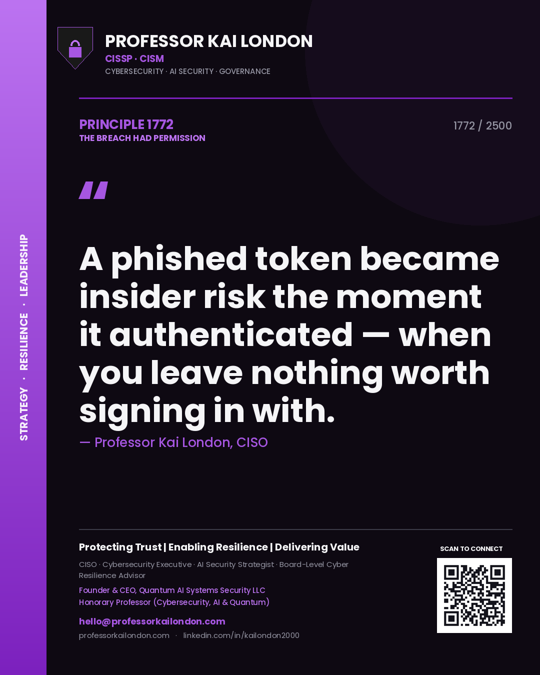 Quote card by Professor Kai London reading 'A phished token became insider risk the moment it authenticated — when you leave nothing worth signing in with.'. From the book The Breach Had Permission.