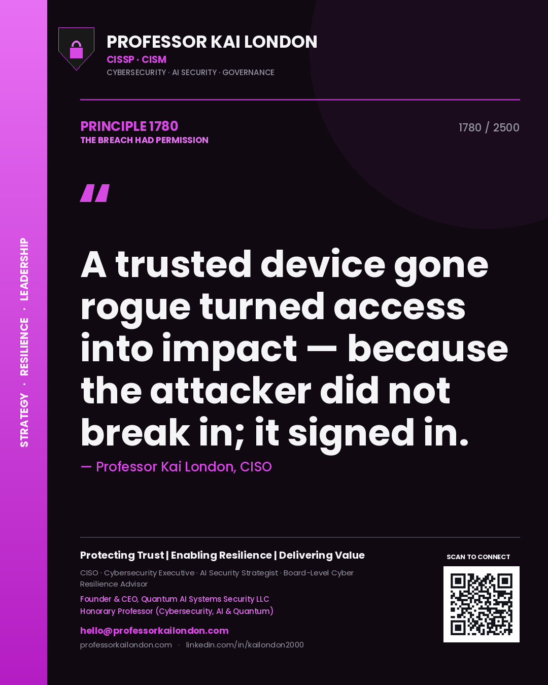 Quote card by Professor Kai London reading 'A trusted device gone rogue turned access into impact — because the attacker did not break in; it signed in.'. From the book The Breach Had Permission.