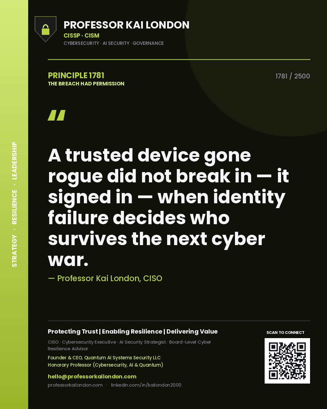 Quote card by Professor Kai London reading 'A trusted device gone rogue did not break in — it signed in — when identity failure decides who survives the next cyber war.'. From the book The Breach Had Permission.