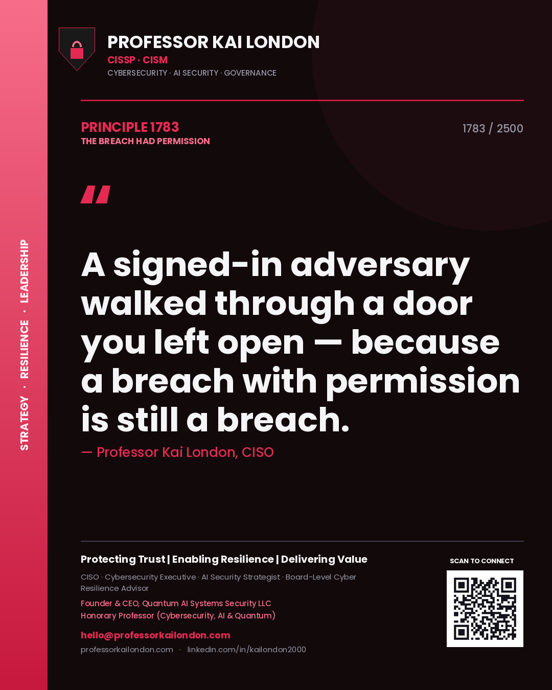 Quote card by Professor Kai London reading 'A signed-in adversary walked through a door you left open — because a breach with permission is still a breach.'. From the book The Breach Had Permission.