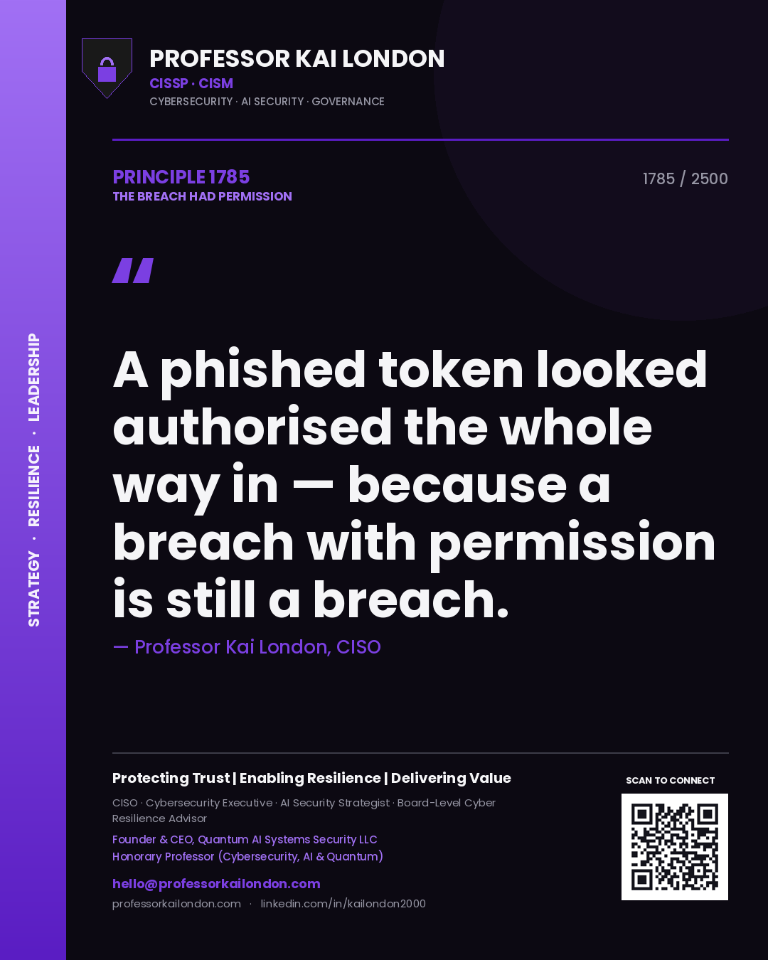 Quote card by Professor Kai London reading 'A phished token looked authorised the whole way in — because a breach with permission is still a breach.'. From the book The Breach Had Permission.