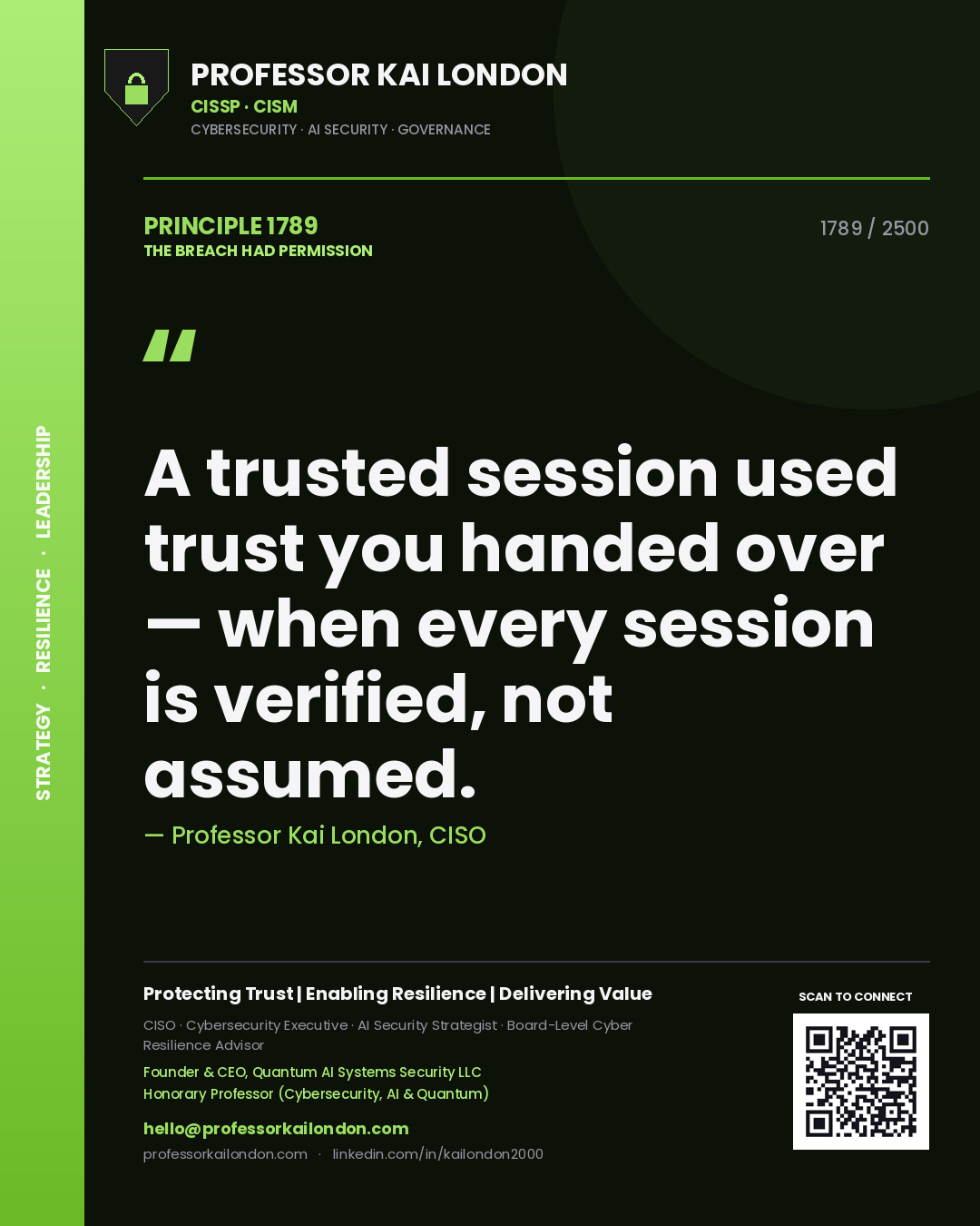 Quote card by Professor Kai London reading 'A trusted session used trust you handed over — when every session is verified, not assumed.'. From the book The Breach Had Permission.