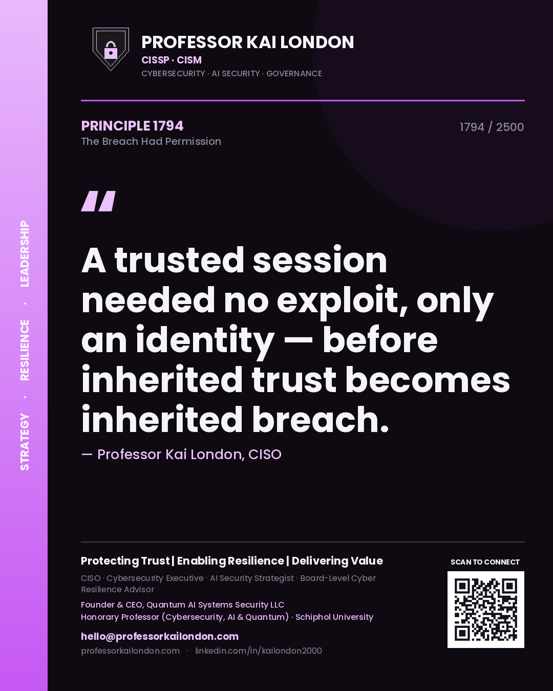 Quote card by Professor Kai London reading 'A trusted session needed no exploit, only an identity — before inherited trust becomes inherited breach.'. From the book The Breach Had Permission.