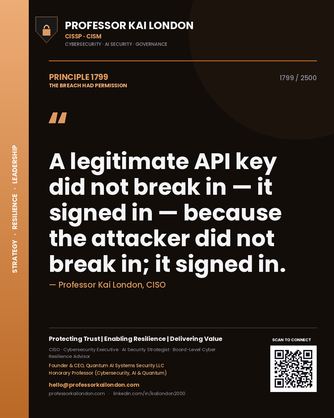 Quote card by Professor Kai London reading 'A legitimate API key did not break in — it signed in — because the attacker did not break in; it signed in.'. From the book The Breach Had Permission.