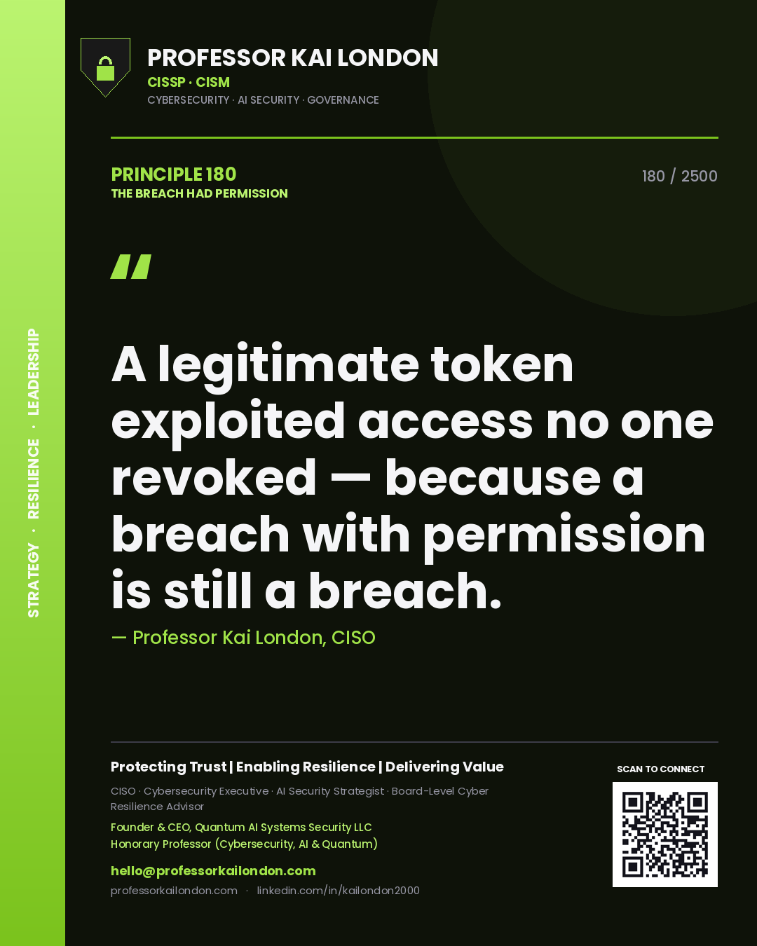 Quote card by Professor Kai London reading 'A legitimate token exploited access no one revoked — because a breach with permission is still a breach.'. From the book The Breach Had Permission.