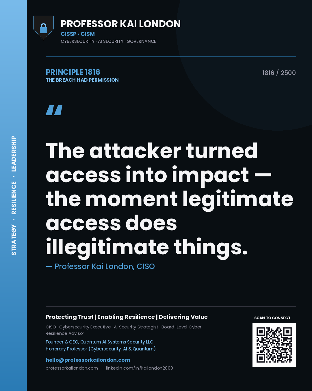 Quote card by Professor Kai London reading 'The attacker turned access into impact — the moment legitimate access does illegitimate things.'. From the book The Breach Had Permission.