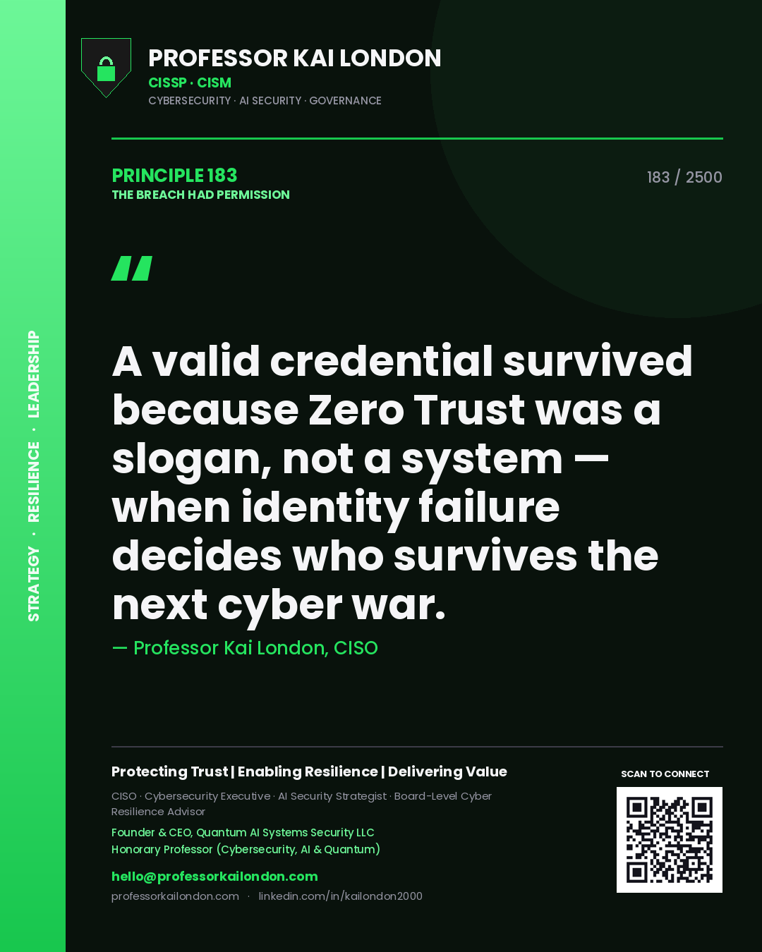 Quote card by Professor Kai London reading 'A valid credential survived because Zero Trust was a slogan, not a system — when identity failure decides who survives the next cyber war.'. From the book The Breach Had Permission.