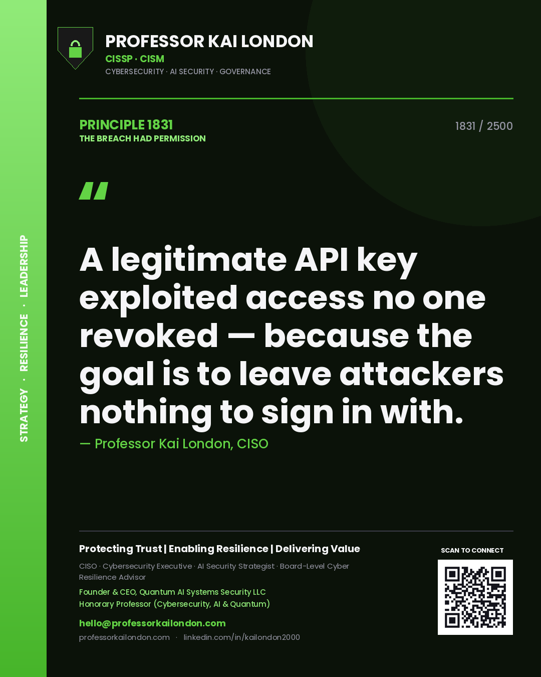 Quote card by Professor Kai London reading 'A legitimate API key exploited access no one revoked — because the goal is to leave attackers nothing to sign in with.'. From the book The Breach Had Permission.