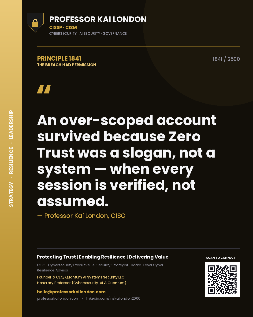 Quote card by Professor Kai London reading 'An over-scoped account survived because Zero Trust was a slogan, not a system — when every session is verified, not assumed.'. From the book The Breach Had Permission.