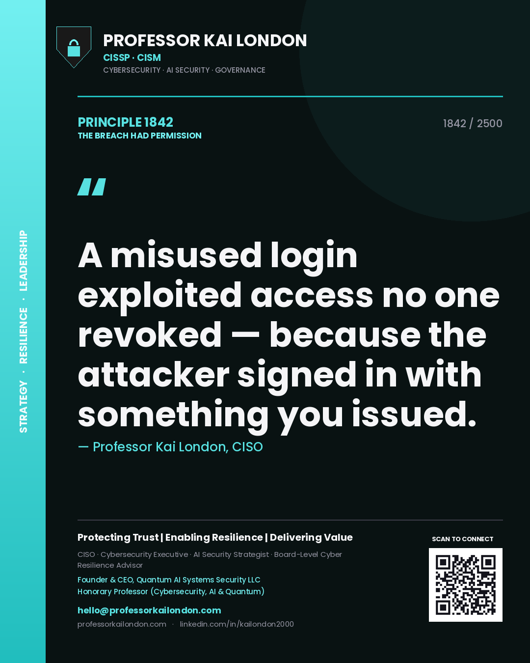 Professor Kai London principle 1842: A misused login exploited access no one revoked — because the attacker signed in with something you issued.