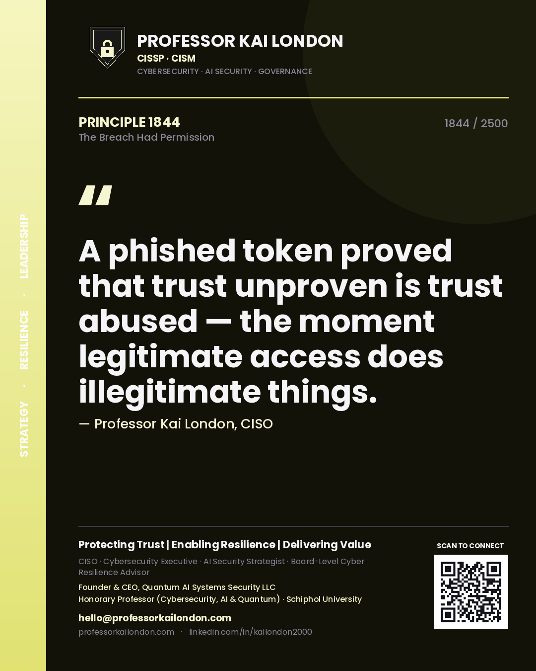 Quote card by Professor Kai London reading 'A phished token proved that trust unproven is trust abused — the moment legitimate access does illegitimate things.'. From the book The Breach Had Permission.