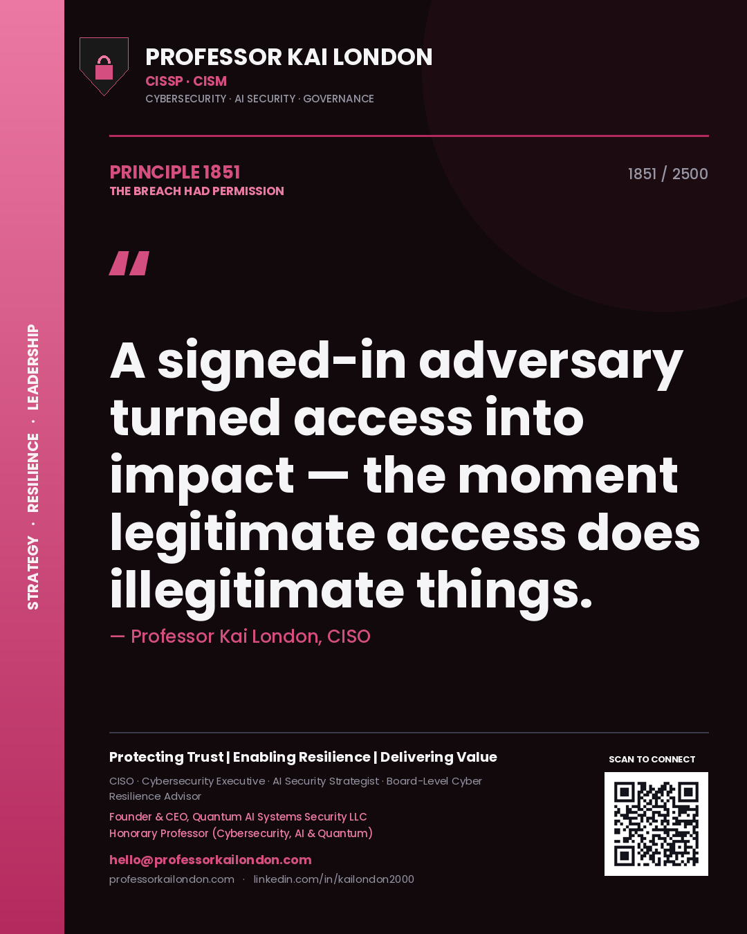 Quote card by Professor Kai London reading 'A signed-in adversary turned access into impact — the moment legitimate access does illegitimate things.'. From the book The Breach Had Permission.