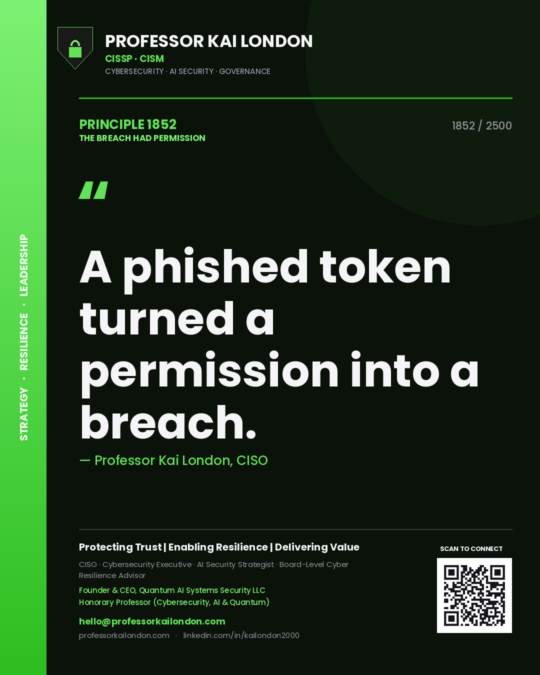 Quote card by Professor Kai London reading 'A phished token turned a permission into a breach.'. From the book The Breach Had Permission.
