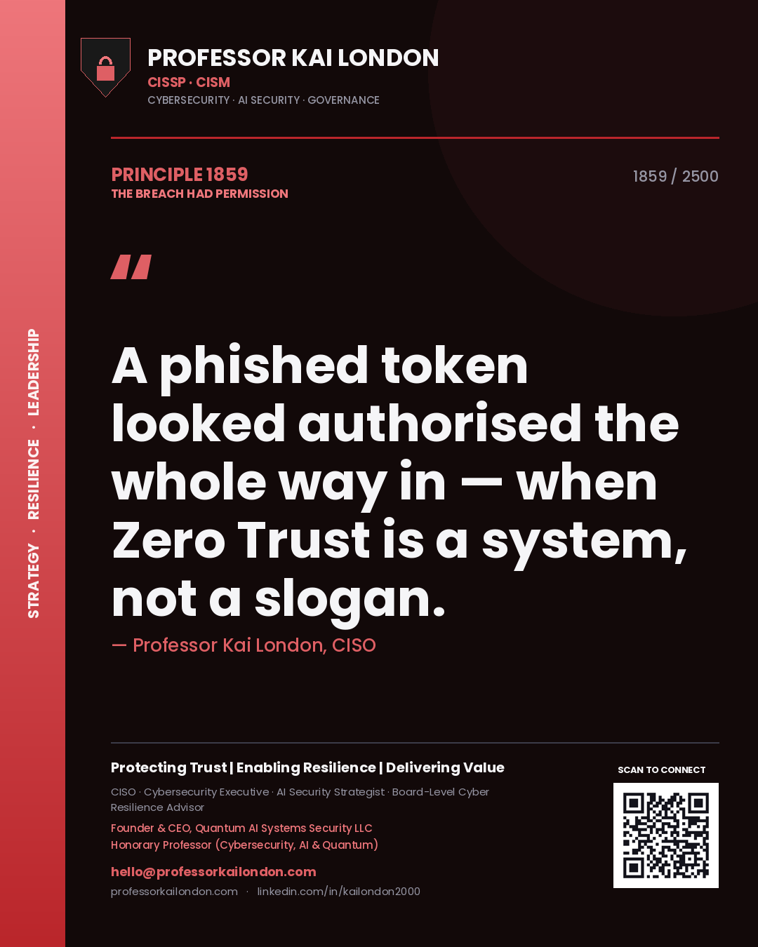 Quote card by Professor Kai London reading 'A phished token looked authorised the whole way in — when Zero Trust is a system, not a slogan.'. From the book The Breach Had Permission.
