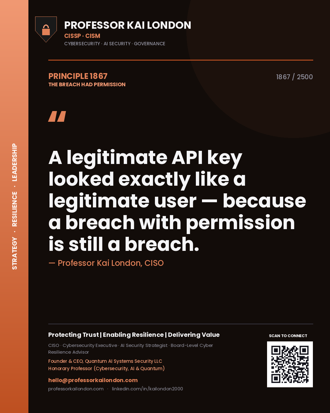 Quote card by Professor Kai London reading 'A legitimate API key looked exactly like a legitimate user — because a breach with permission is still a breach.'. From the book The Breach Had Permission.