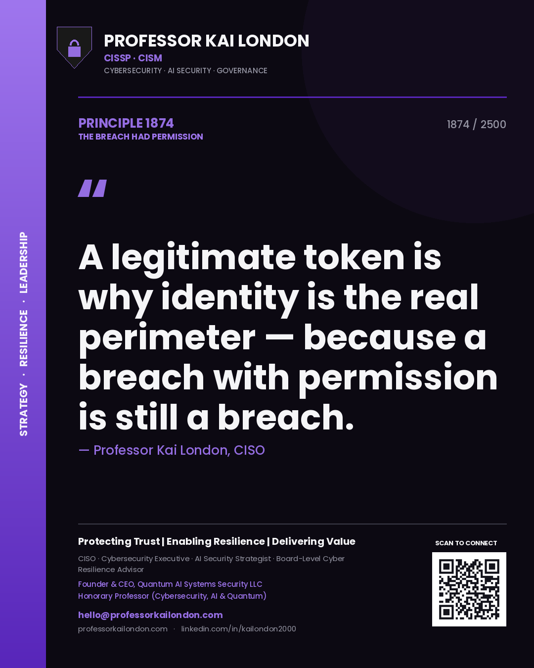 Quote card by Professor Kai London reading 'A legitimate token is why identity is the real perimeter — because a breach with permission is still a breach.'. From the book The Breach Had Permission.