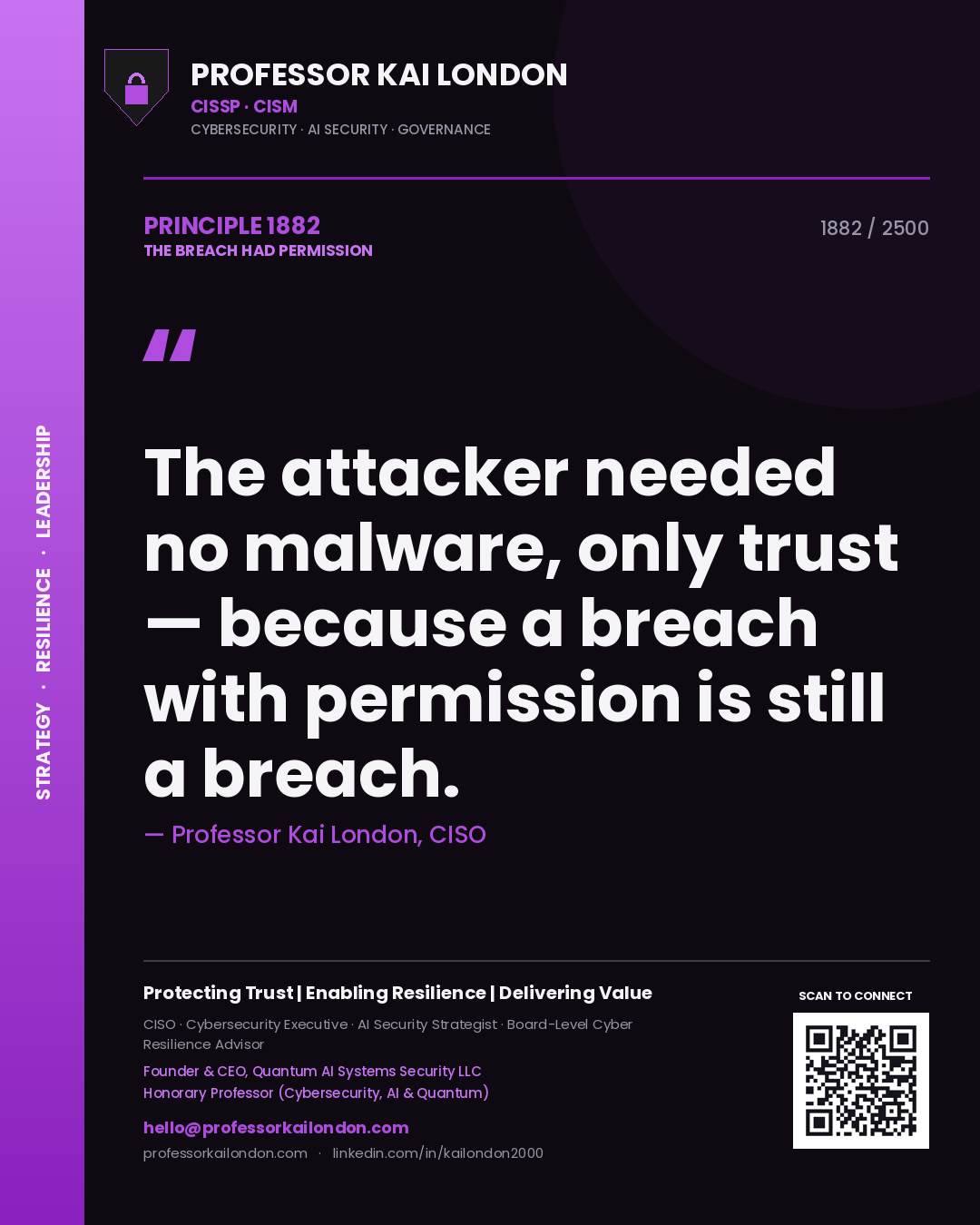 Quote card by Professor Kai London reading 'The attacker needed no malware, only trust — because a breach with permission is still a breach.'. From the book The Breach Had Permission.