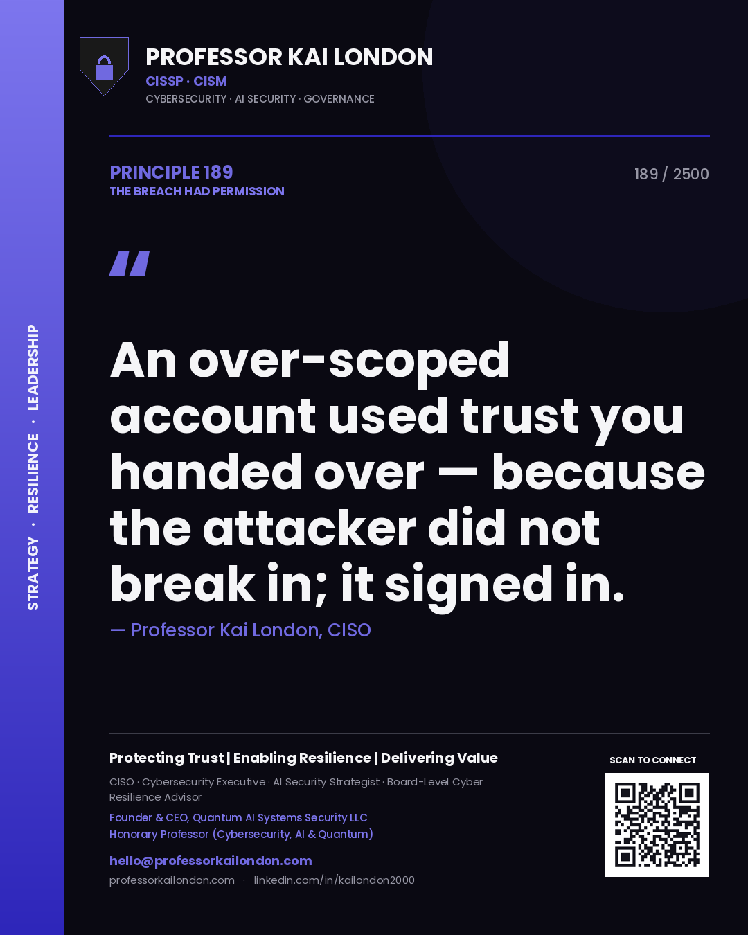 Quote card by Professor Kai London reading 'An over-scoped account used trust you handed over — because the attacker did not break in; it signed in.'. From the book The Breach Had Permission.