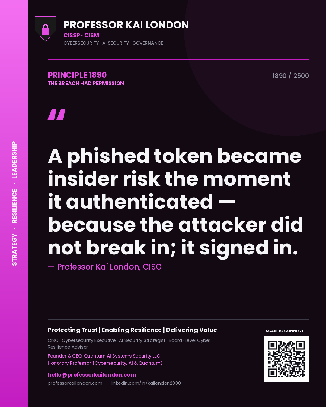 Quote card by Professor Kai London reading 'A phished token became insider risk the moment it authenticated — because the attacker did not break in; it signed in.'. From the book The Breach Had Permission.