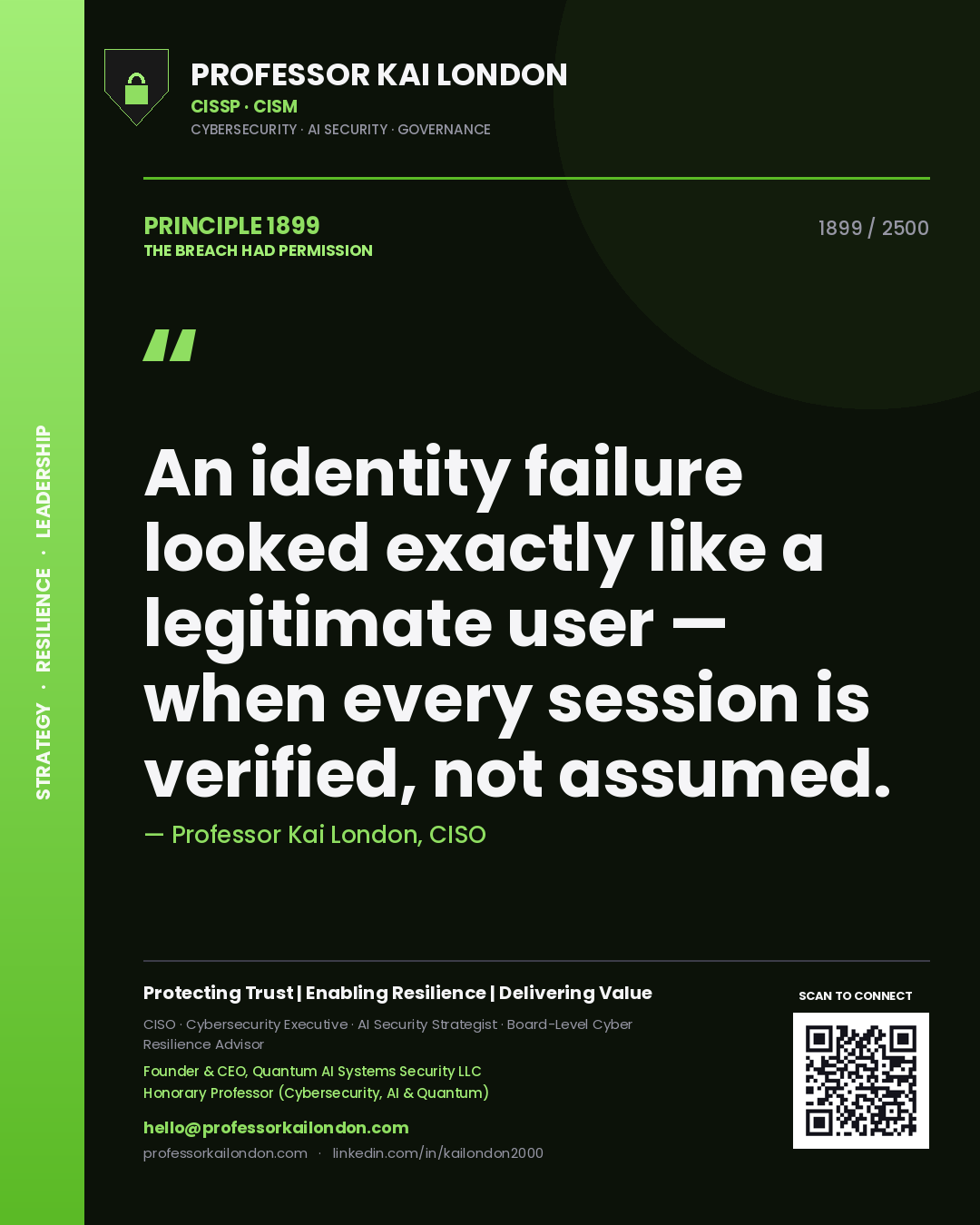 Quote card by Professor Kai London reading 'An identity failure looked exactly like a legitimate user — when every session is verified, not assumed.'. From the book The Breach Had Permission.