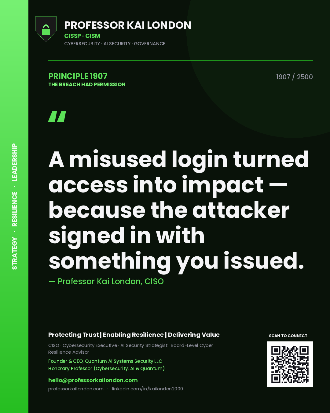 Quote card by Professor Kai London reading 'A misused login turned access into impact — because the attacker signed in with something you issued.'. From the book The Breach Had Permission.