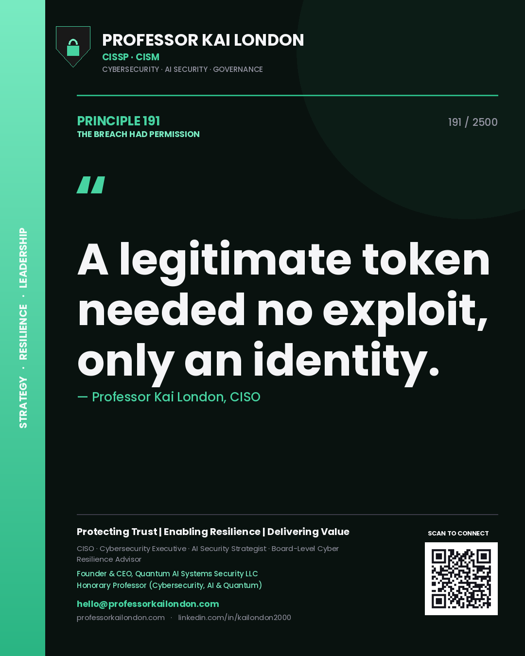 Quote card by Professor Kai London reading 'A legitimate token needed no exploit, only an identity.'. From the book The Breach Had Permission.