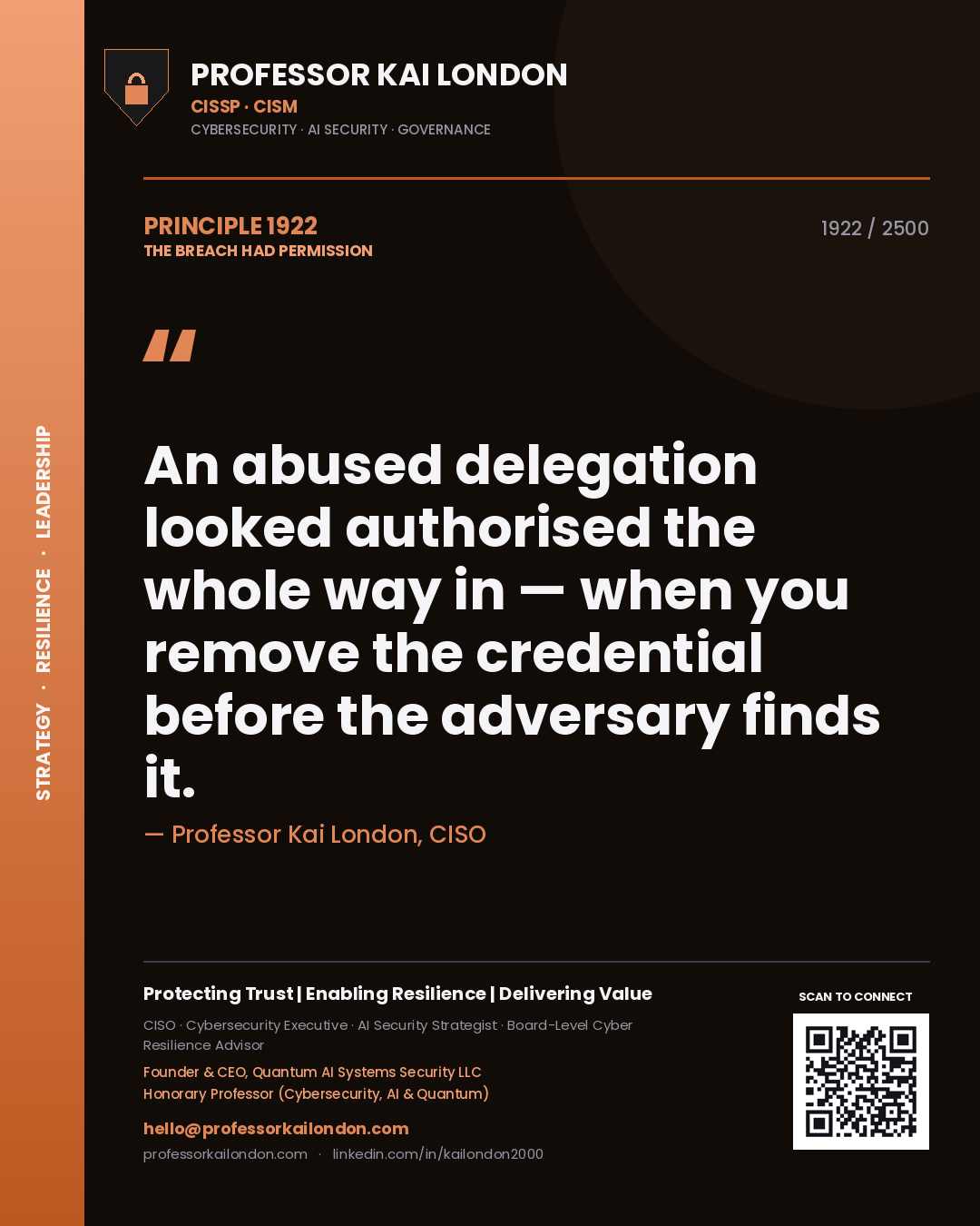 Quote card by Professor Kai London reading 'An abused delegation looked authorised the whole way in — when you remove the credential before the adversary finds it.'. From the book The Breach Had Permission.