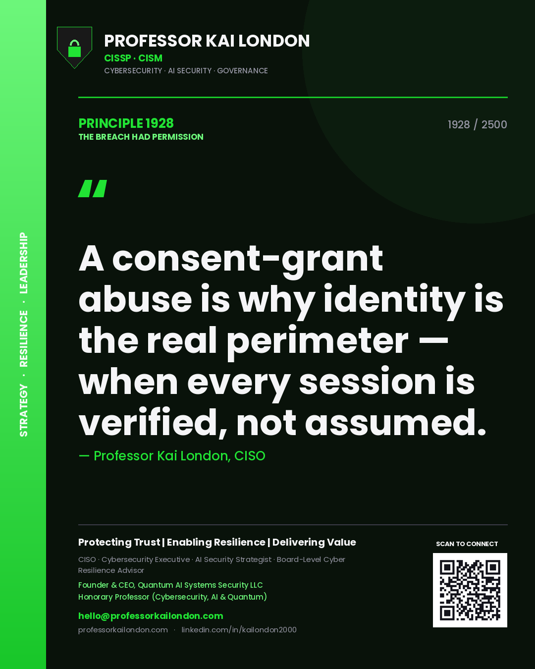 Quote card by Professor Kai London reading 'A consent-grant abuse is why identity is the real perimeter — when every session is verified, not assumed.'. From the book The Breach Had Permission.