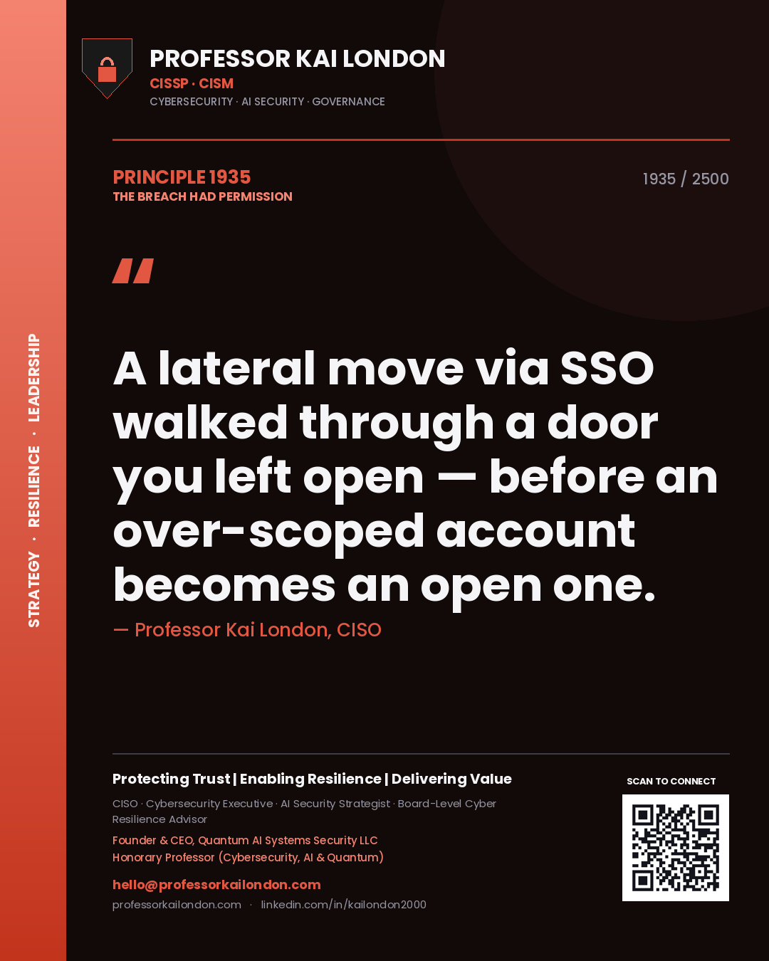 Quote card by Professor Kai London reading 'A lateral move via SSO walked through a door you left open — before an over-scoped account becomes an open one.'. From the book The Breach Had Permission.