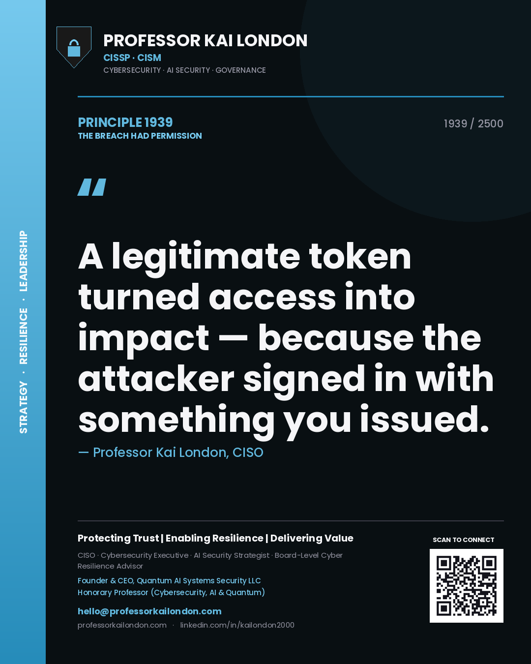 Quote card by Professor Kai London reading 'A legitimate token turned access into impact — because the attacker signed in with something you issued.'. From the book The Breach Had Permission.