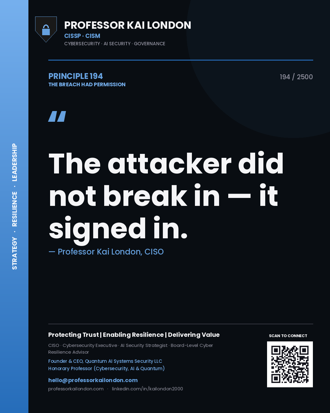Quote card by Professor Kai London reading 'The attacker did not break in — it signed in.'. From the book The Breach Had Permission.
