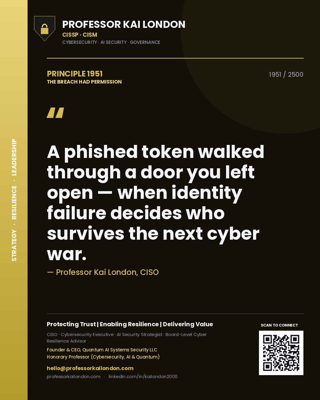 Quote card by Professor Kai London reading 'A phished token walked through a door you left open — when identity failure decides who survives the next cyber war.'. From the book The Breach Had Permission.