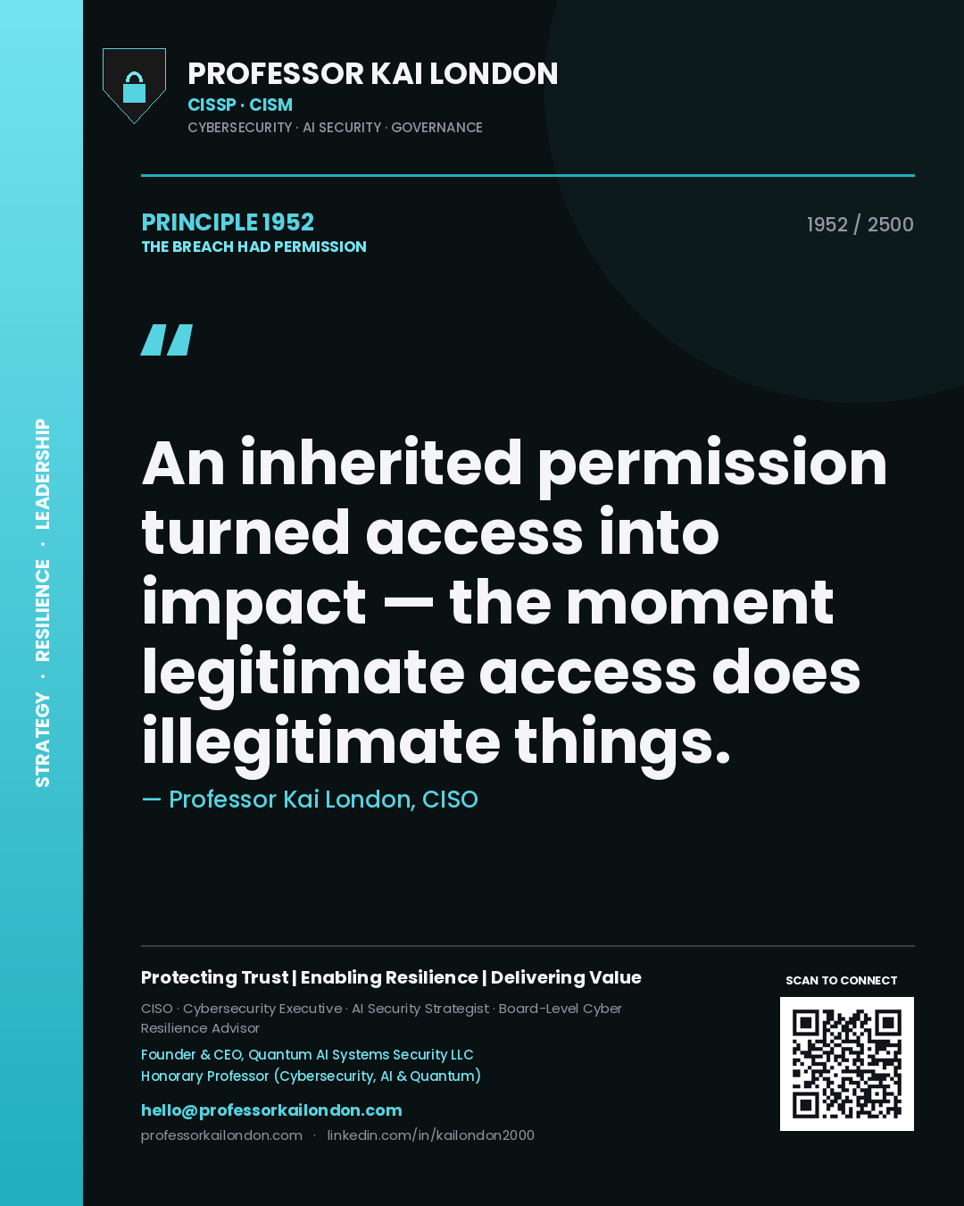Quote card by Professor Kai London reading 'An inherited permission turned access into impact — the moment legitimate access does illegitimate things.'. From the book The Breach Had Permission.