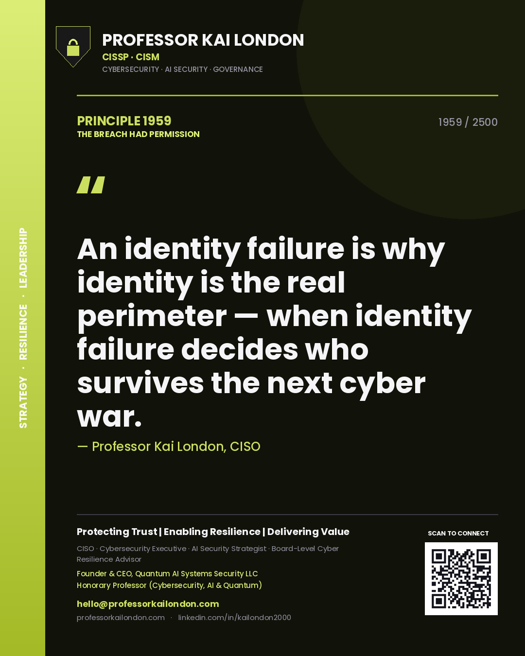 Quote card by Professor Kai London reading 'An identity failure is why identity is the real perimeter — when identity failure decides who survives the next cyber war.'. From the book The Breach Had Permission.