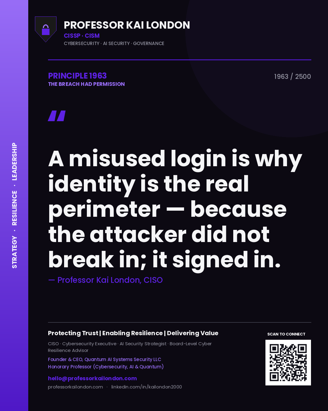 Quote card by Professor Kai London reading 'A misused login is why identity is the real perimeter — because the attacker did not break in; it signed in.'. From the book The Breach Had Permission.