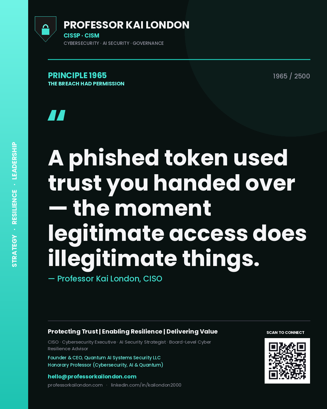 Quote card by Professor Kai London reading 'A phished token used trust you handed over — the moment legitimate access does illegitimate things.'. From the book The Breach Had Permission.