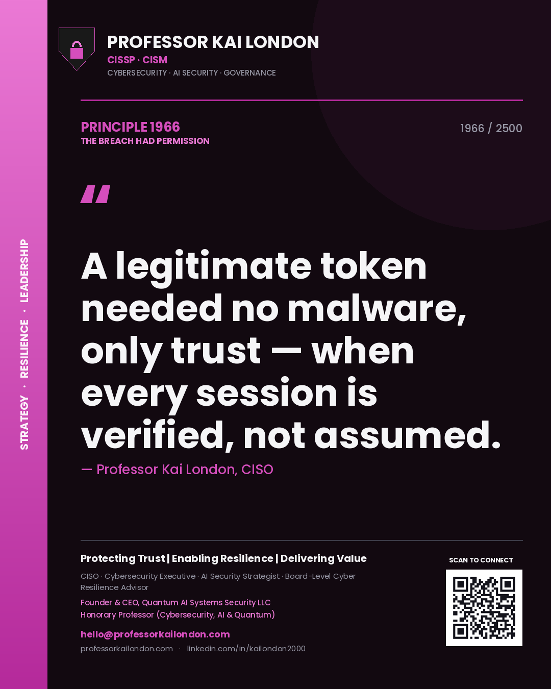 Quote card by Professor Kai London reading 'A legitimate token needed no malware, only trust — when every session is verified, not assumed.'. From the book The Breach Had Permission.