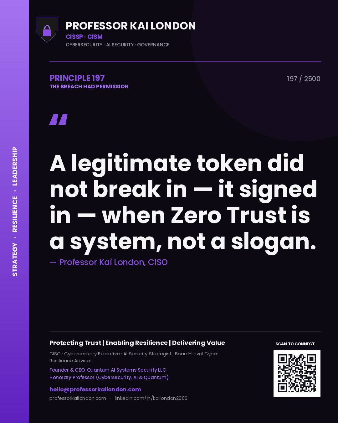 Quote card by Professor Kai London reading 'A legitimate token did not break in — it signed in — when Zero Trust is a system, not a slogan.'. From the book The Breach Had Permission.