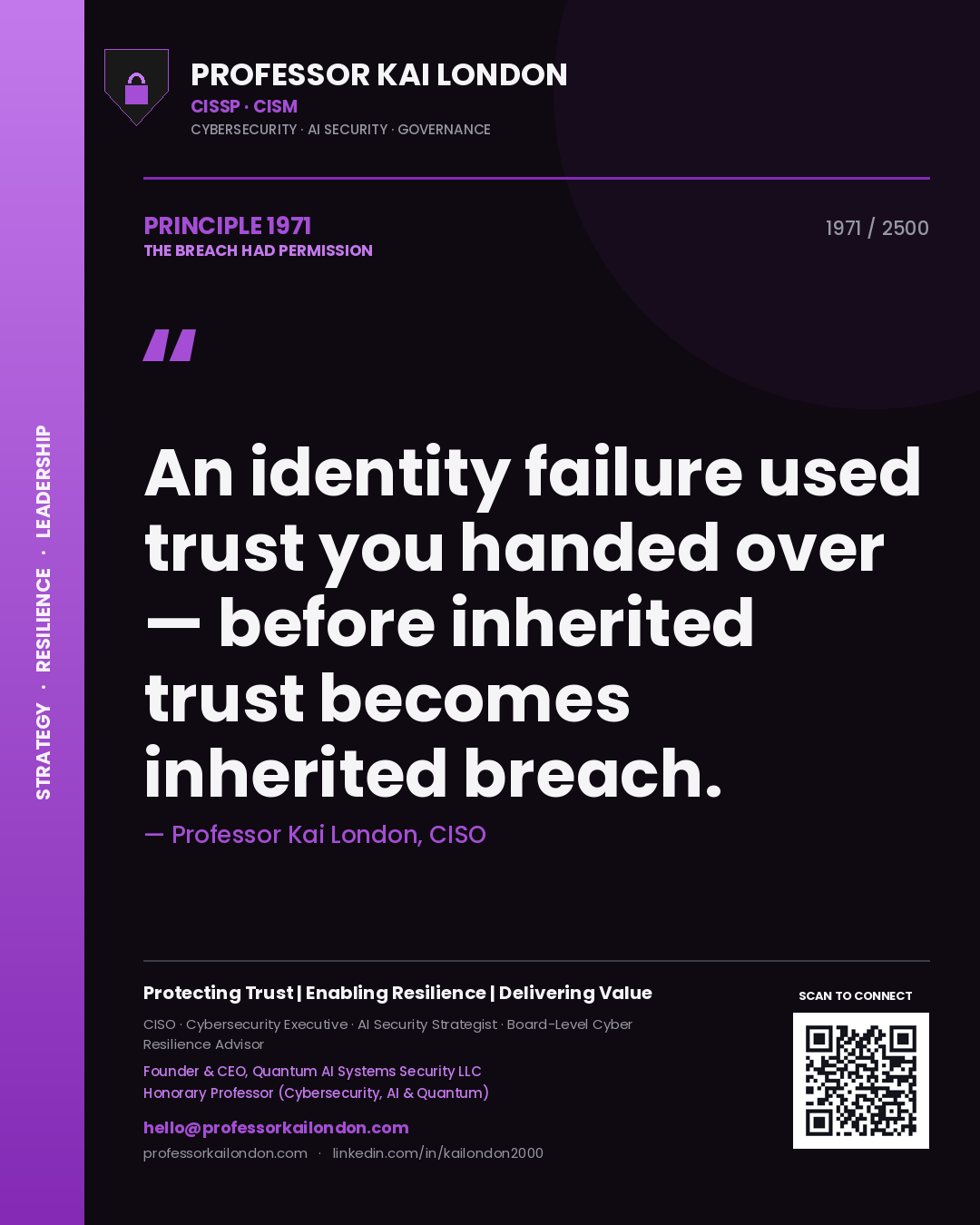 Quote card by Professor Kai London reading 'An identity failure used trust you handed over — before inherited trust becomes inherited breach.'. From the book The Breach Had Permission.