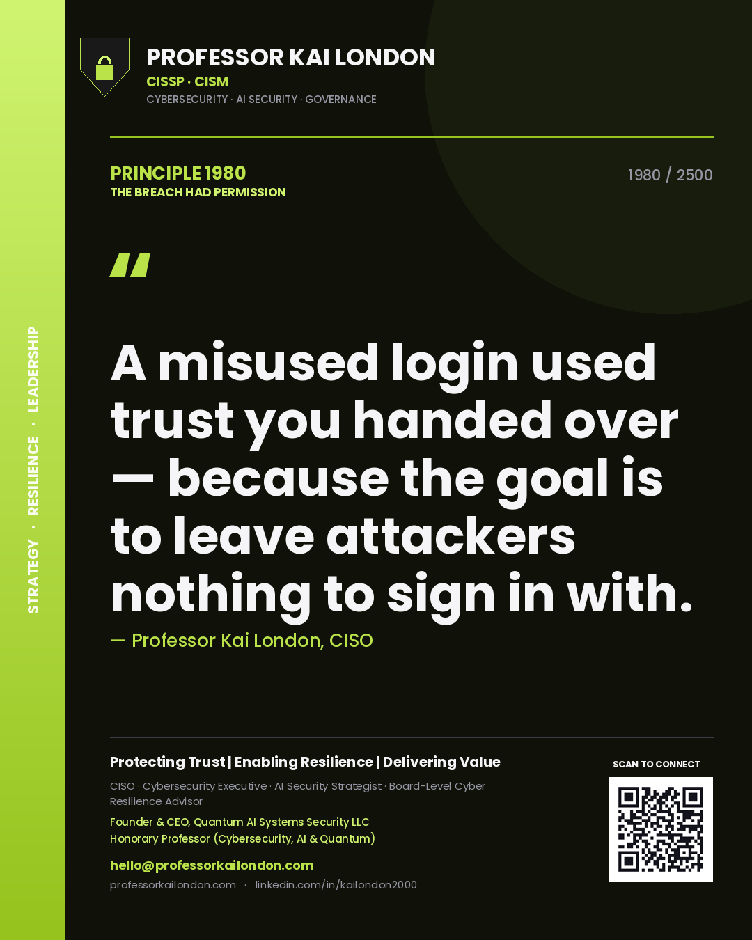 Quote card by Professor Kai London reading 'A misused login used trust you handed over — because the goal is to leave attackers nothing to sign in with.'. From the book The Breach Had Permission.