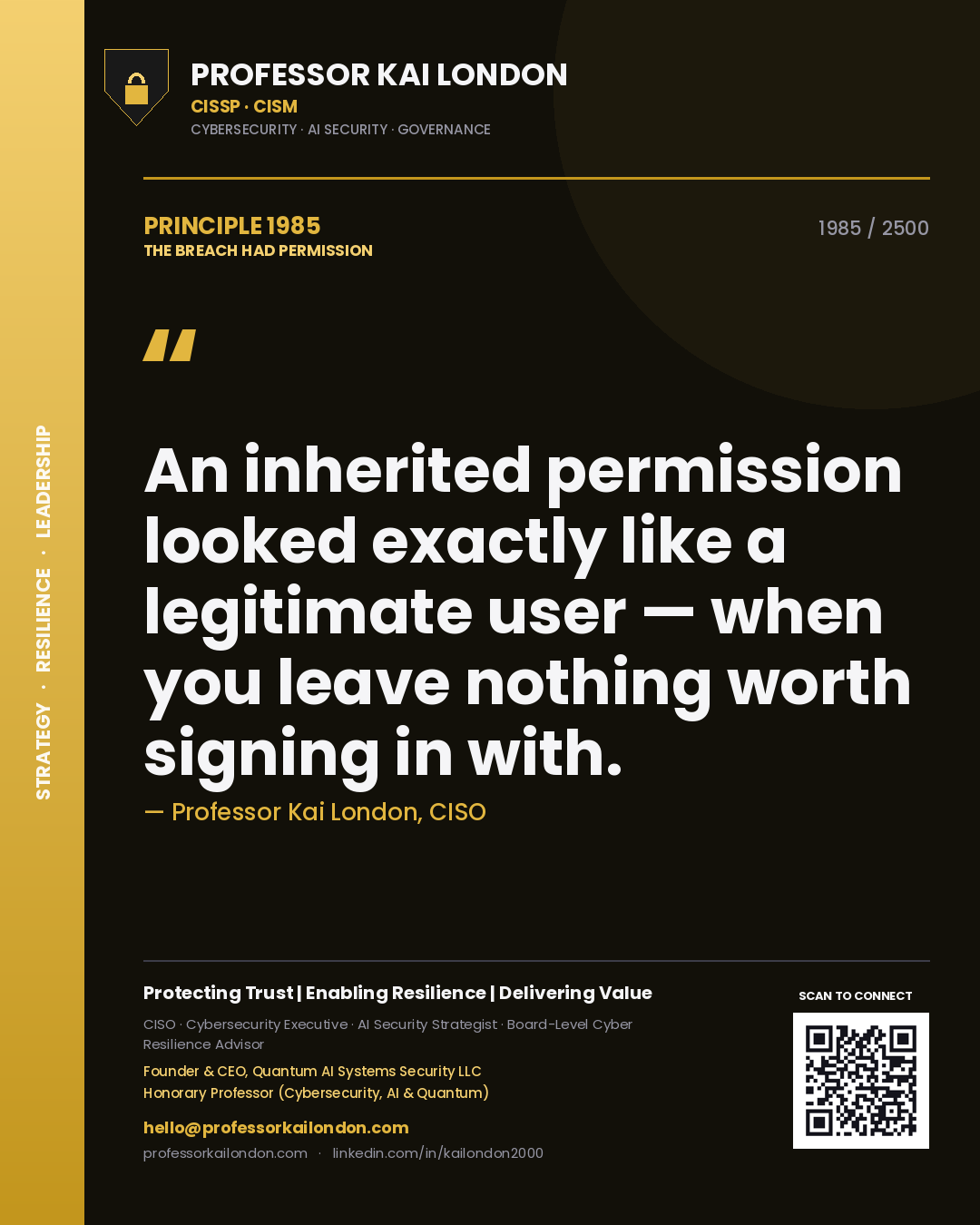 Quote card by Professor Kai London reading 'An inherited permission looked exactly like a legitimate user — when you leave nothing worth signing in with.'. From the book The Breach Had Permission.