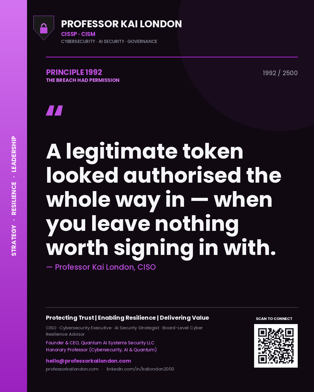 Quote card by Professor Kai London reading 'A legitimate token looked authorised the whole way in — when you leave nothing worth signing in with.'. From the book The Breach Had Permission.