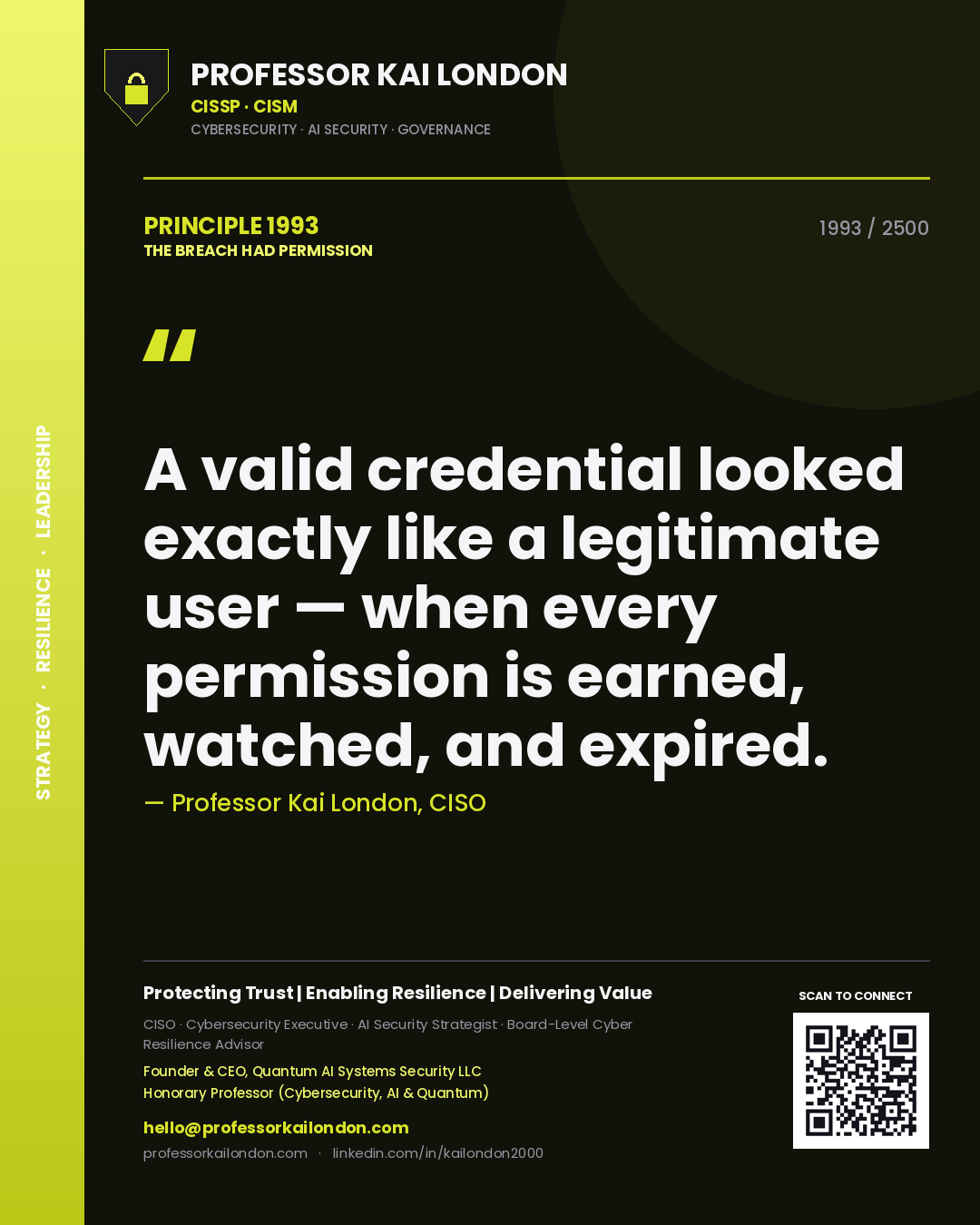 Quote card by Professor Kai London reading 'A valid credential looked exactly like a legitimate user — when every permission is earned, watched, and expired.'. From the book The Breach Had Permission.