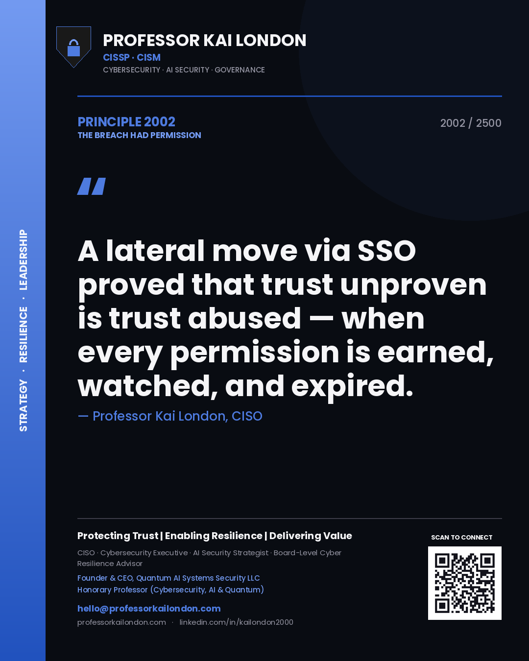 Professor Kai London principle 2002: A lateral move via SSO proved that trust unproven is trust abused — when every permission is earned, watched, and expired.