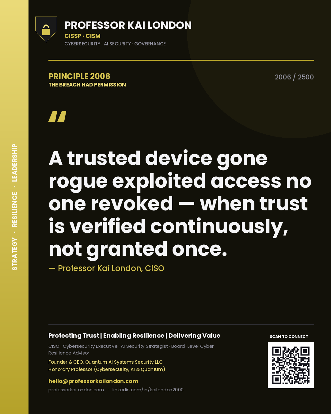 Professor Kai London principle 2006: A trusted device gone rogue exploited access no one revoked — when trust is verified continuously, not granted once.